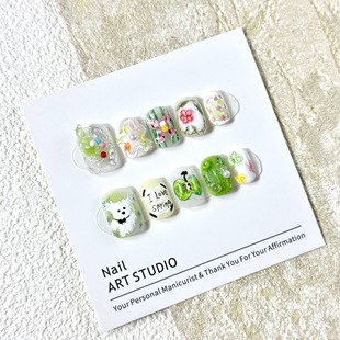 童趣可爱清新绿色小众ins风纯手工穿戴甲短方圆美甲 森系萌语
