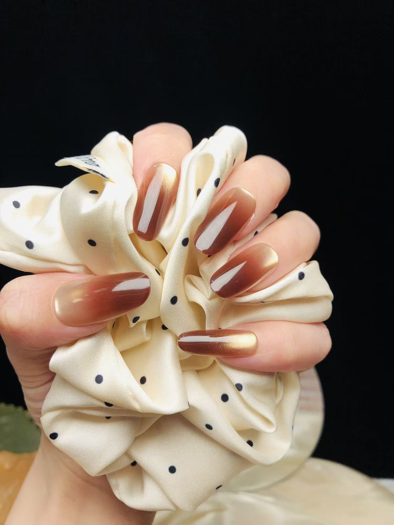 咖啡手工穿戴甲秋冬渐变色猫眼美甲贴片成品可拆卸假指甲显白高级