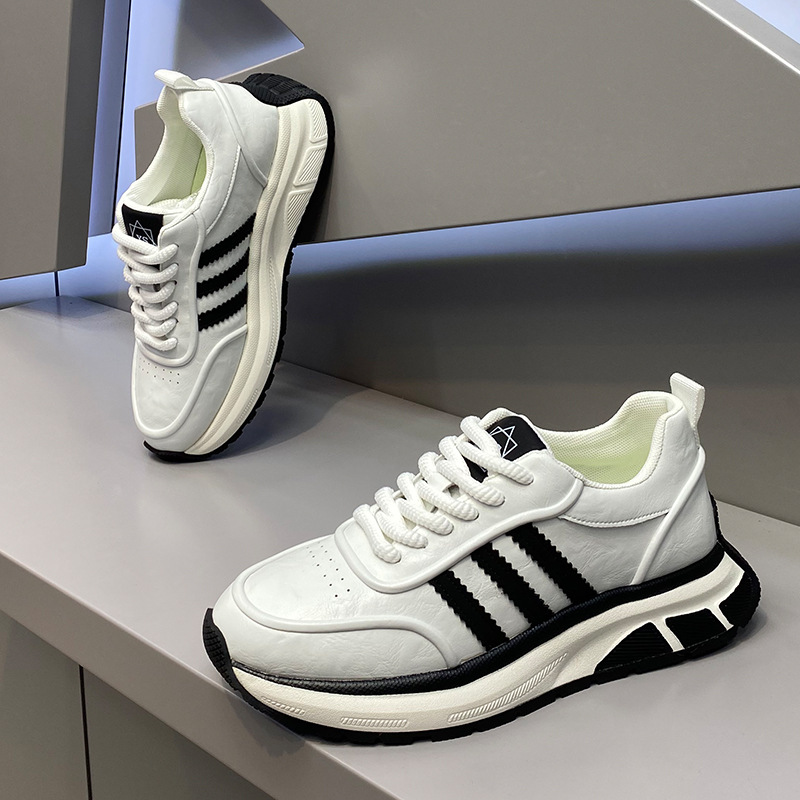 yj男鞋2025秋季新款时尚百搭厚底低帮老爹鞋真皮系带三道杠休闲鞋