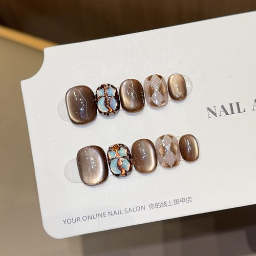 千繁【英格小镇】秋冬猫眼 ins风纯手工穿戴甲短款美甲贴片假指甲