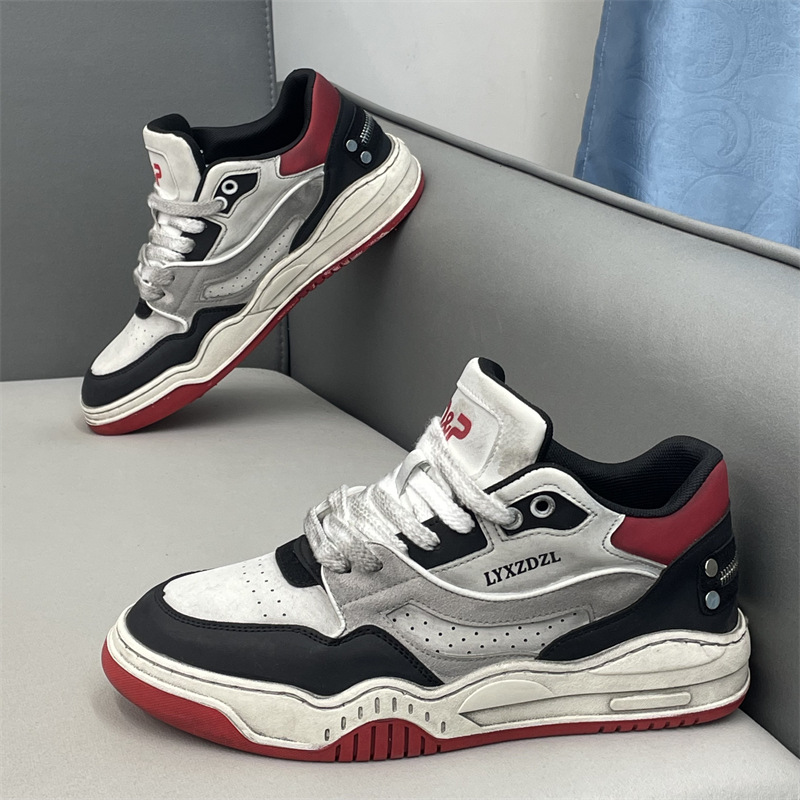 做旧男鞋25秋季新款皮面软底透气鞋子男运动休闲男士拼色中帮板鞋