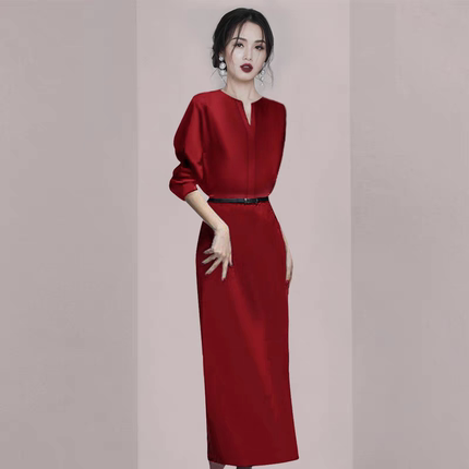 法式高级感红色连衣裙女2024秋季新款气质名媛高端精致长袖裙子
