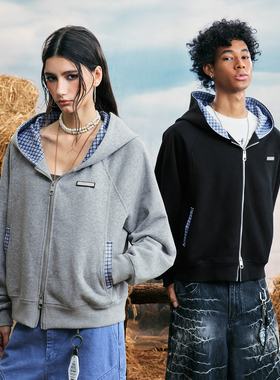 WAITINGWAVEmiu系格子拼接空气层连帽卫衣外套男女秋季情侣开衫