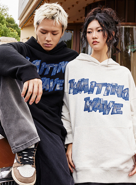 WaitingWave秋季美式复古牛仔连帽衫卫衣男情侣款加绒宽松上衣男