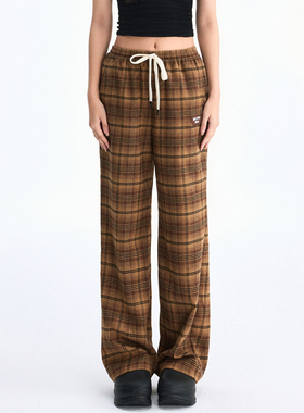 WaitingWave美拉德阔腿格子裤女高腰显瘦慵懒拖地直筒裤垂感长裤