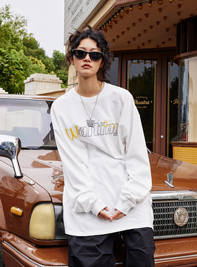 WaitingWave秋季长袖T恤男美式街头oversize宽松情侣国潮打底上衣