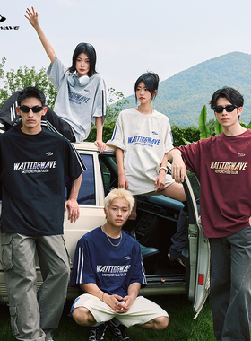 WaitingWave美式印花重磅短袖T恤男夏季潮牌宽松情侣装半袖上衣女