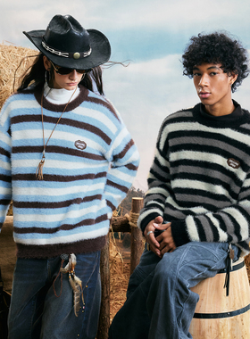 WAITINGWAVE仿貂毛条纹毛衣圆领套头秋冬慵懒休闲针织衫上衣