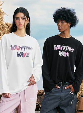 WaitingWave虚化马赛克字母印花T恤长袖美式宽松休闲上衣男女同款