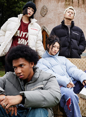 WaitingWave冬季纯色刀锋印花棉服外套男情侣款国潮加厚面包服男