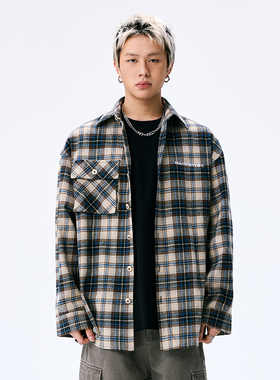 【王佑硕同款】WaitingWave美式复古格纹衬衫男女格子外套情侣款