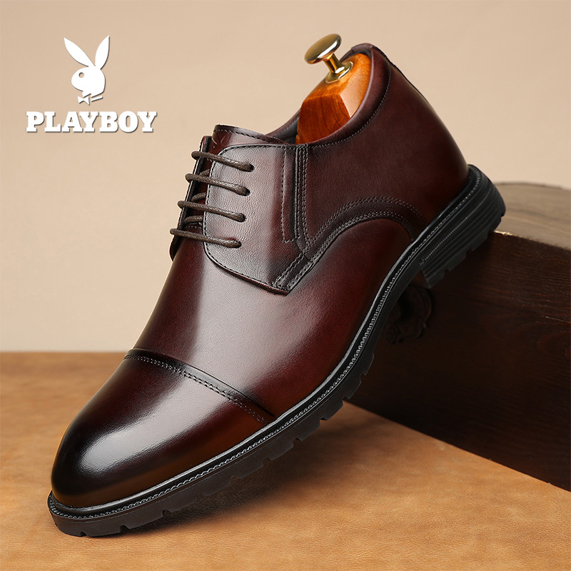 花花公子鞋圆头系带皮鞋三接头