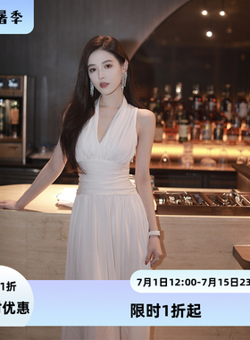 nicky 法式白色春季V领连衣裙女礼服设计感新款气质小香风高级感