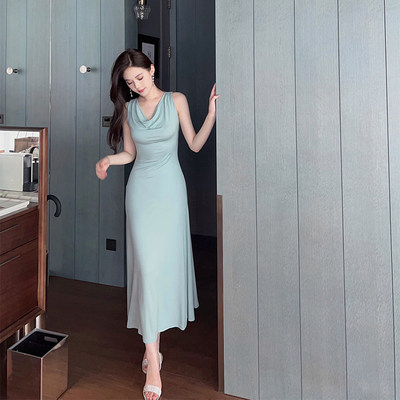 薄荷绿无袖连衣裙荡领轻奢长裙