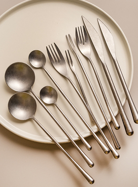 304不锈钢复古做旧刀叉勺餐具露营餐厅酒店牛排水果甜品叉喝汤勺