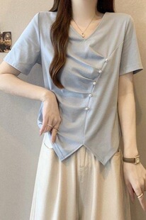 300斤不对称折皱钉珠短袖大码显瘦正肩上衣洋气小衫T恤女夏装