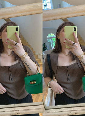 NAZ那子大码2022夏装新款百搭气质显瘦设计感T恤复古方领胖mm上衣