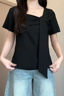 韩版 300斤大码 T恤夏季 女装 显瘦别致遮肉不规则上衣潮 方领正肩短袖