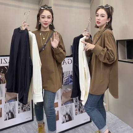 欧洲站大码300斤宽松慵懒风开叉T恤女秋冬百搭显瘦长袖内搭打底衫