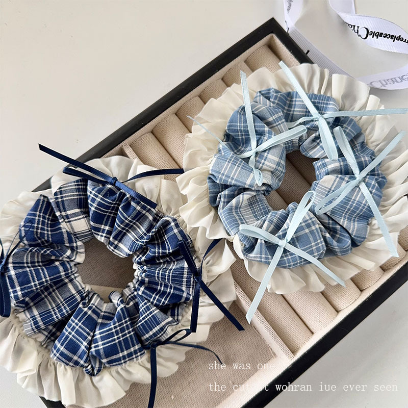 蓝莓色调格纹花边蝴蝶结大肠圈蕾