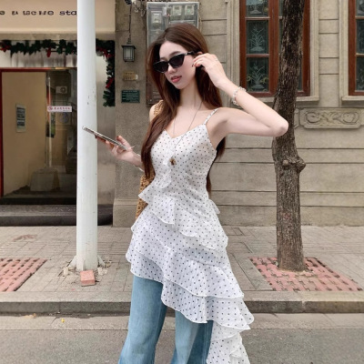 韩系波点荷叶边吊带连衣裙女2025早春新款海边度假风不规则裙子