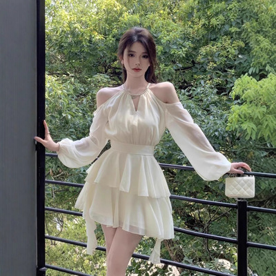 法式富家千金杏色雪纺连衣裙秋冬雪纺短裙荷叶边收腰约会公主