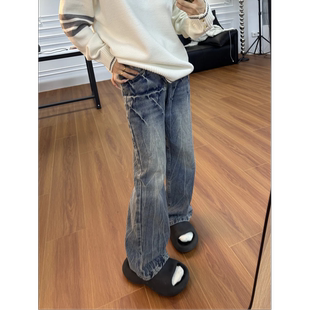 K35 秋冬季美式高街闪电爆裂纹蓝色牛仔裤直筒微喇松紧裤子