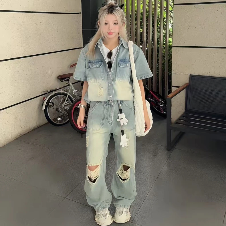 简约水洗磨白牛仔套装
