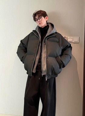 HN冬季连帽PU皮双拉链加厚棉服男宽松保暖短宽boyx百搭棉衣男生