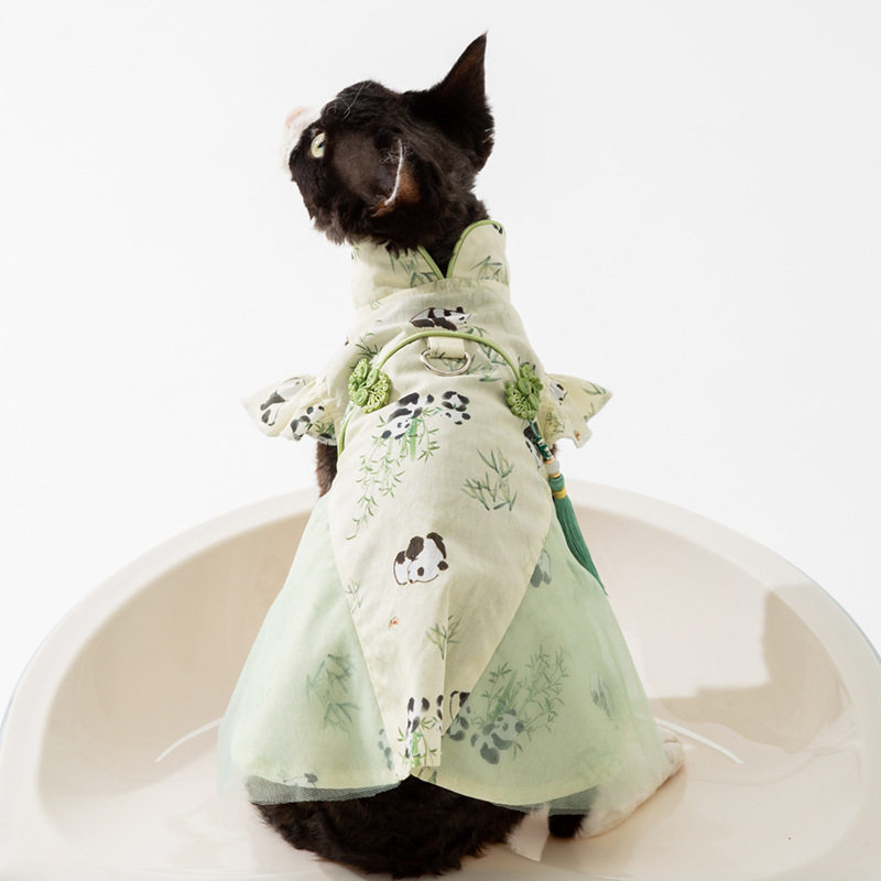 春夏季猫咪国风中式盘扣竹叶熊猫猫宠物服装/雨衣（新