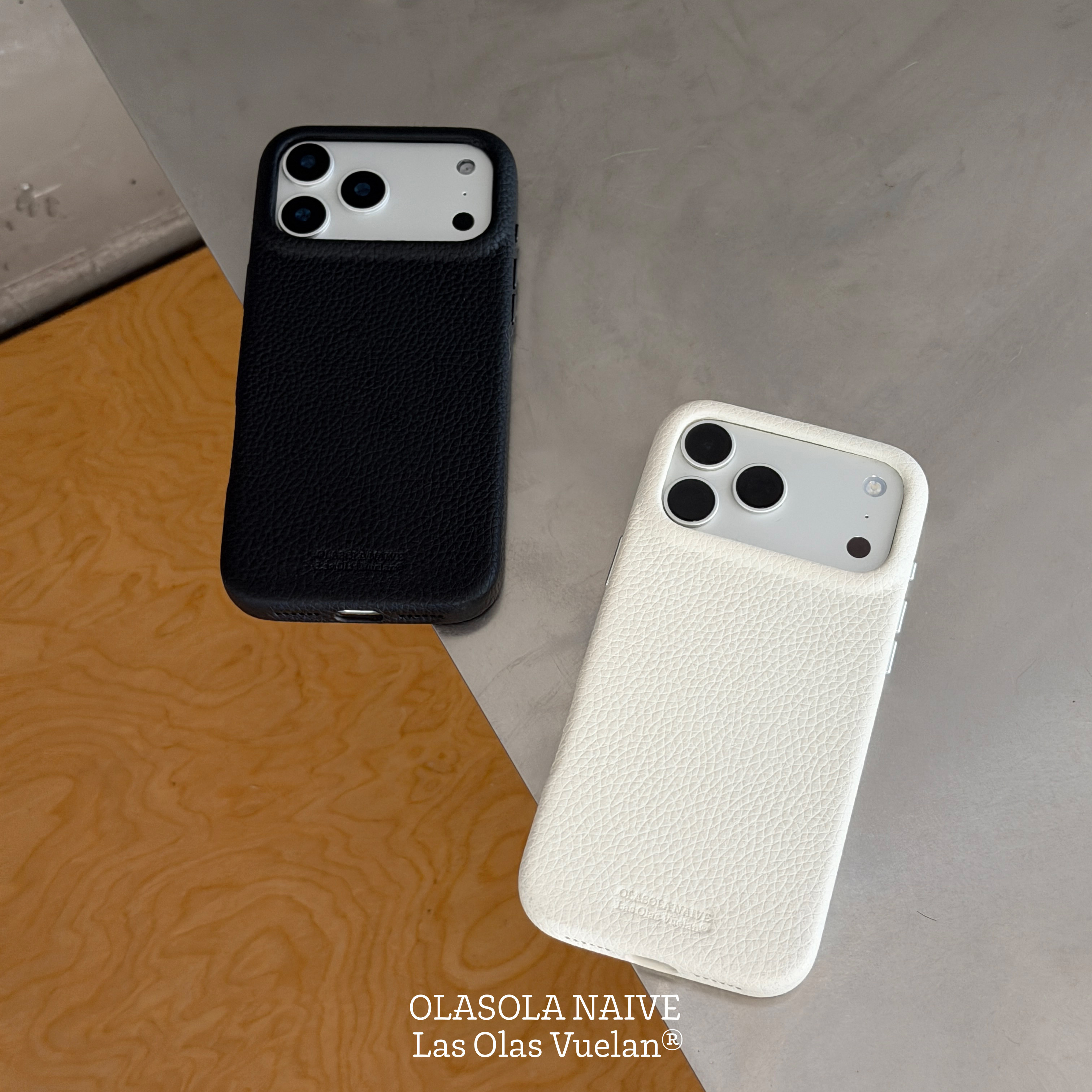 OLASOLA|原创简约Noir&Crème黑白高档超纤皮质磁吸iPhone17promax手机壳手工荔枝纹全包16pro苹果皮革保护套