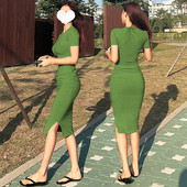 性感紧身包臀连衣裙女修身 显瘦短袖 褶皱中长裙内搭打底t恤长裙夏