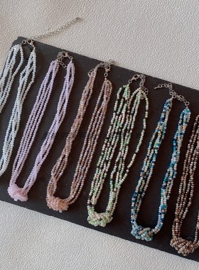 包邮~玻璃切面小水晶项链多层打结设计感颈超闪可爱春夏新色混色