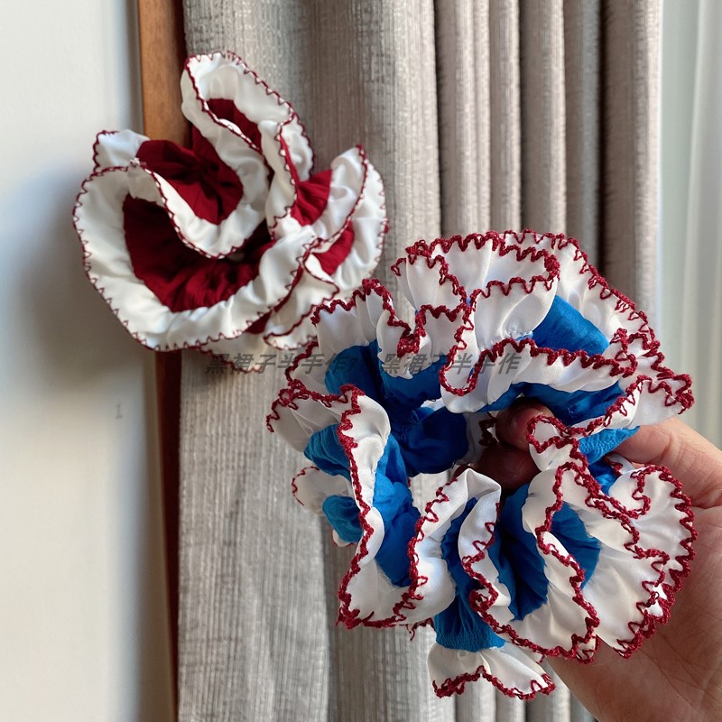 实拍无滤镜！超美大号皱褶花边发圈丸子头少女发绳蓝白红白博主风