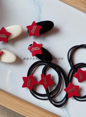红色新年圣诞五角星椭圆刘海夹皮筋发圈甜美可爱百搭醋酸字母金标