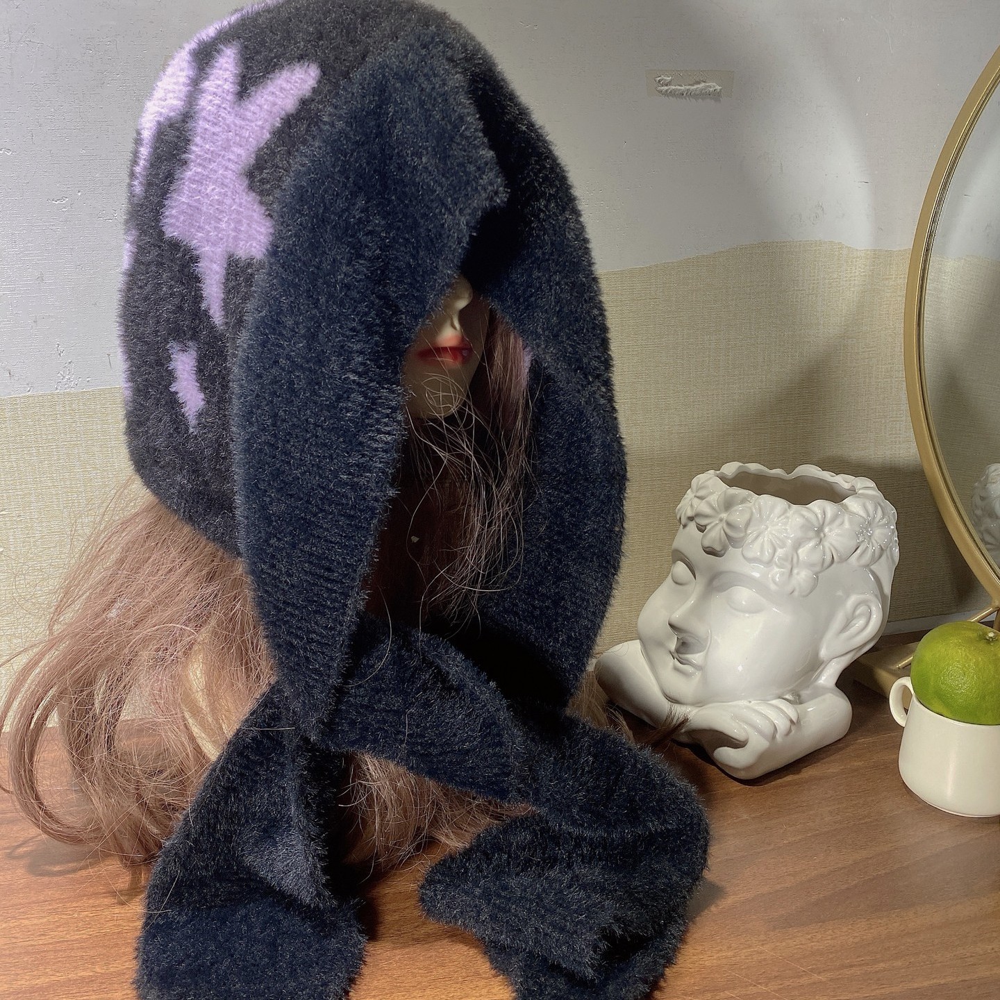 调性超酷冷丹凤亚比感巴拉克法拉帽子围巾一体保暖实用五角星针织