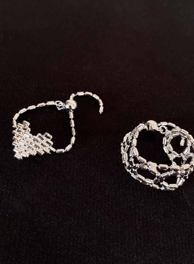 铜~可抽拉爱心戒指电镀银色编织小众设计感大尺码可调节食指戒环