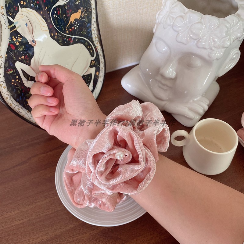 山茶粉玫瑰花发圈珍珠花朵丸子头少女柔软丝绒布大长卷淑女可爱