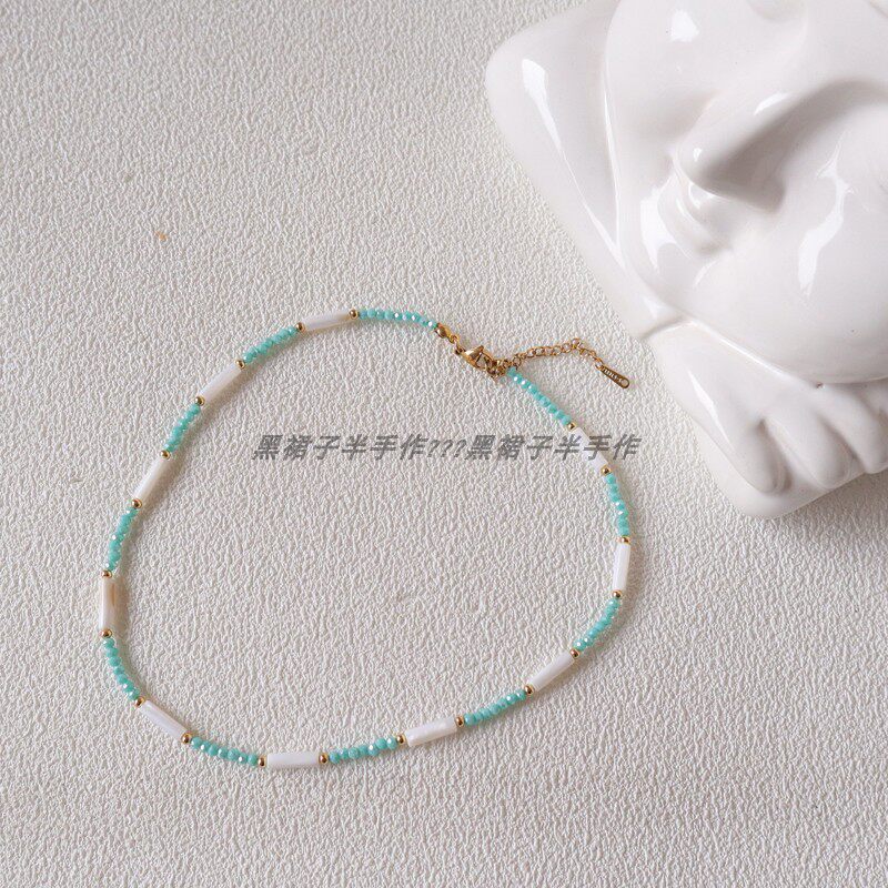小清新夏季蓝绿色仿水晶贝壳珠项链海边度假风清爽设计感颈链简约