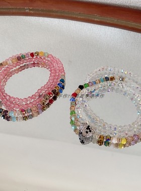 两用款！单圈是项链3圈是手链弹力绳串珠仿水晶爱心镀彩人鱼粉色