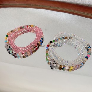两用款！单圈是项链3圈是手链弹力绳串珠仿水晶爱心镀彩人鱼粉色