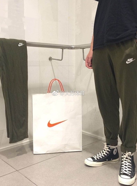NIKE耐克男裤 军绿色针织纯棉宽松直筒运动裤休闲长裤 804422-395