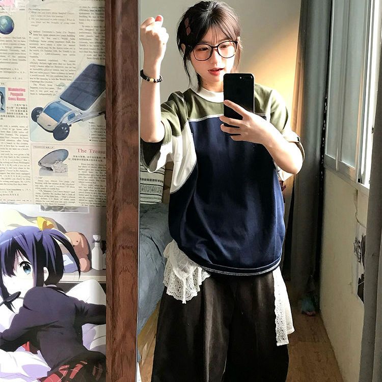 美式高街拼接撞色短袖正肩纯棉t恤女夏季宽松高级感情侣潮牌上衣