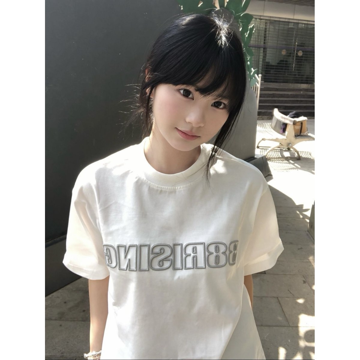 美式高街刺绣字母正肩t恤女夏季纯棉白色字母短袖宽松设计感上衣