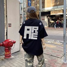 美式高街黑色正肩刺绣字母T恤女夏季宽松设计感小众纯棉短袖上衣
