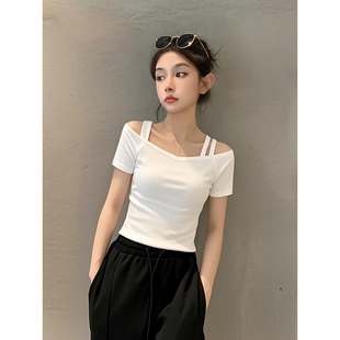 设计感半袖 2025新款 T恤女纯棉修身 夏季 上衣服 黑色一字领露肩短袖