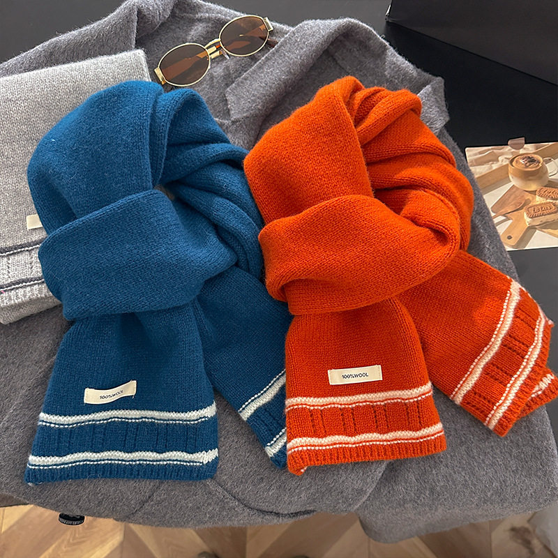 100%羊毛纯色新款围巾女秋冬季百搭时尚条纹拼接针织加厚护颈围脖