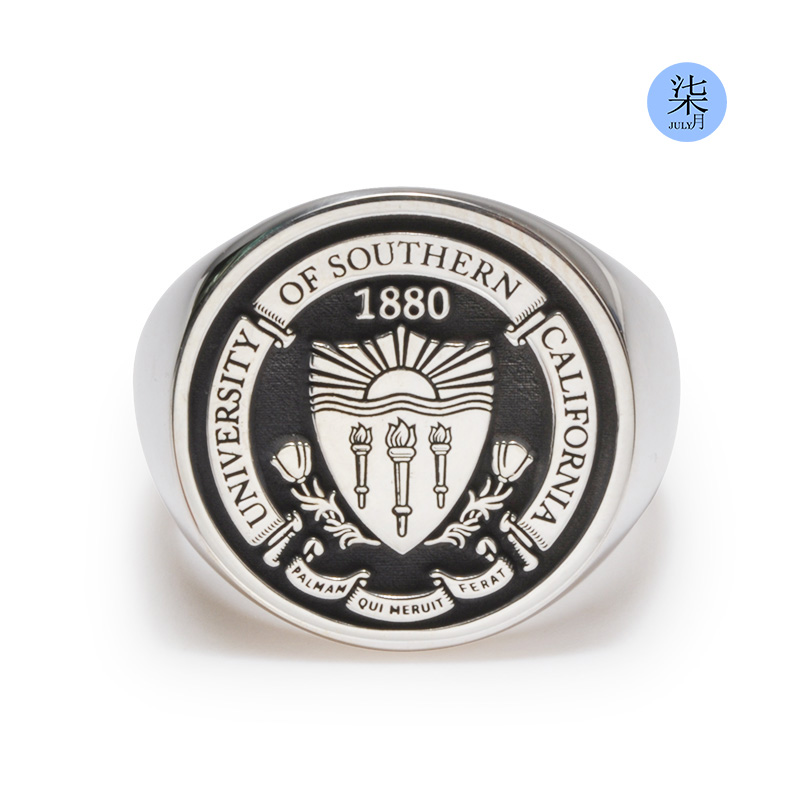 美国毕业圆形925银复古戒指