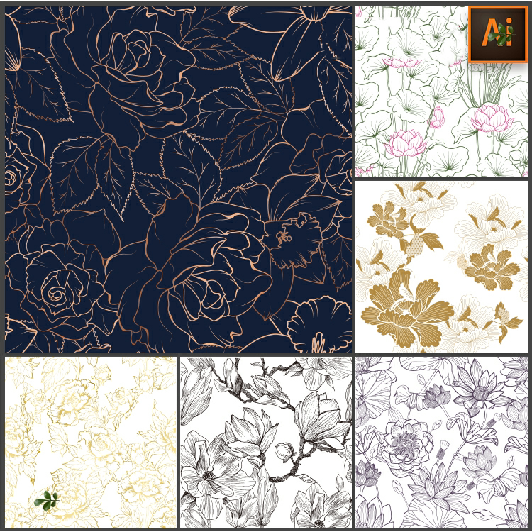 中国风荷花牡丹花朵简约黑白线条植物鲜花无缝印花图案ai矢量素材