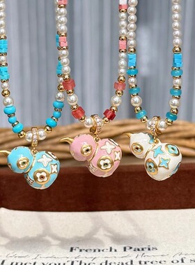 老花四叶草葫芦天然石项链